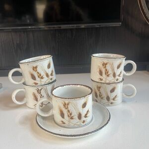 6 piece wild oats 5 Mug 1 saucer Set - Brown and Wh